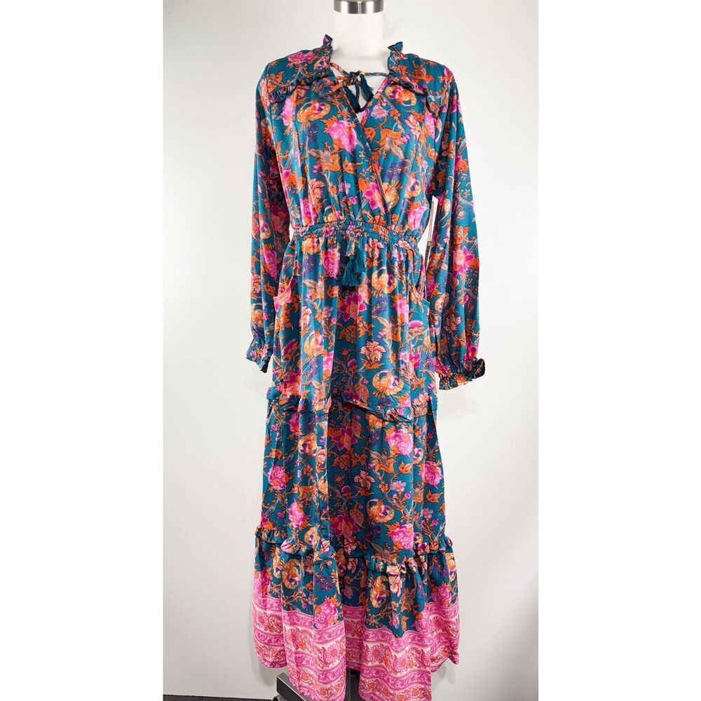 Anthropologie Teal Maxi Dress with Pink and Orange Floral Print - Picture 8 of 11